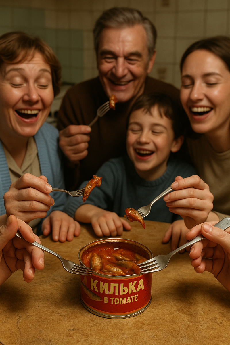 Консервы «килька в томате» на советском кухонном столе, которую вилками ест вас семья