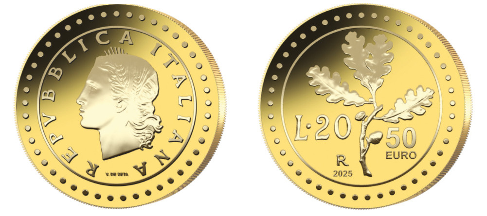    Золотые 20 лир Италия 2025 с дубовым листом - Мешок Монет