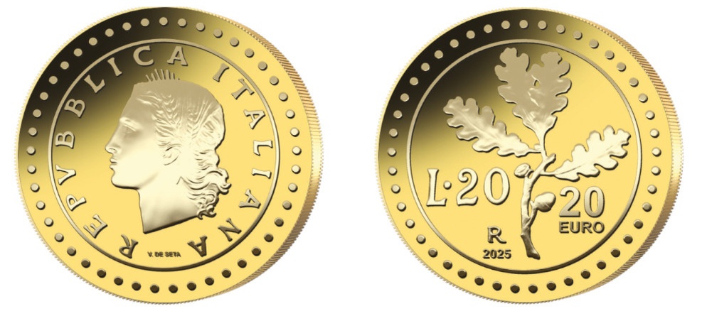    Золотые 20 лир Италия 2025 с дубовым листом - Мешок Монет