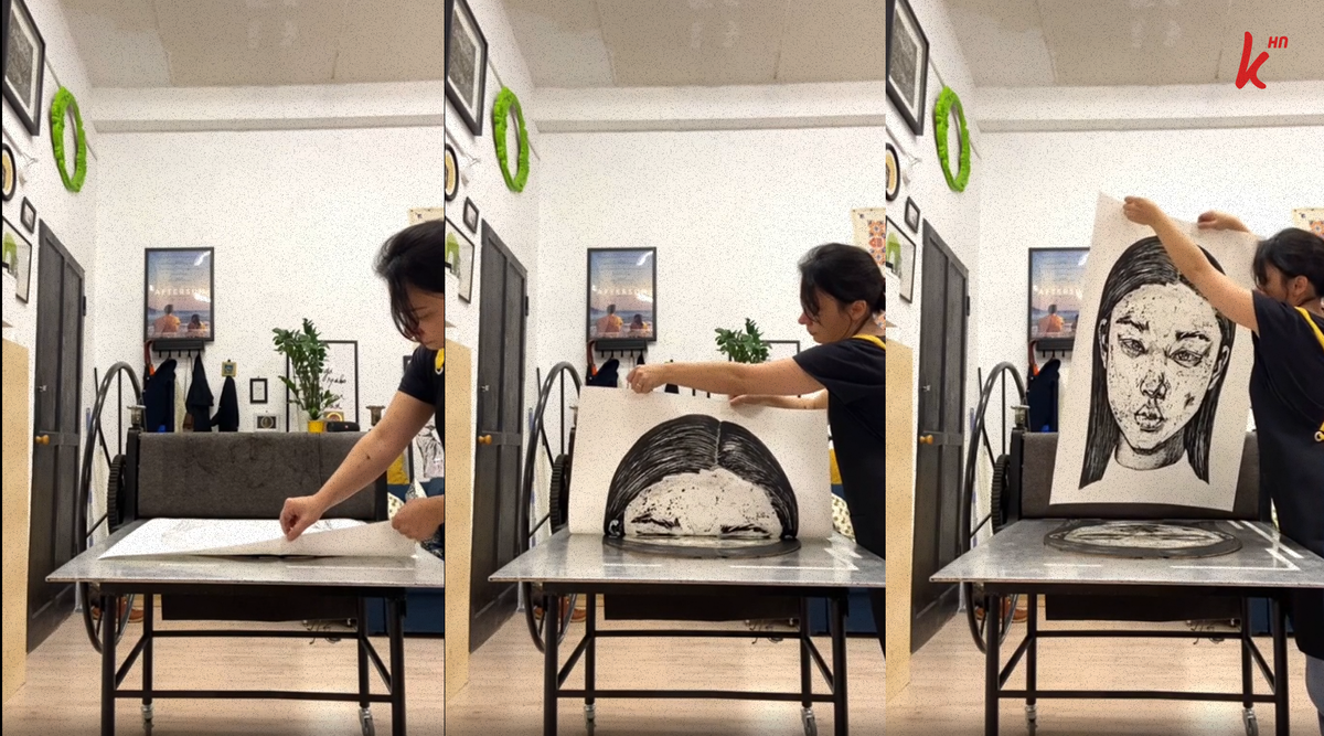 Маша в процессе создания оттиска