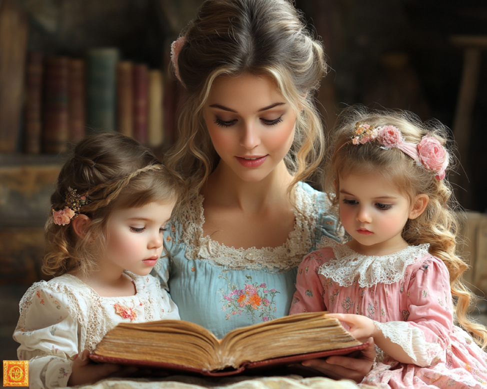 Иллюстрация няня читает книгу