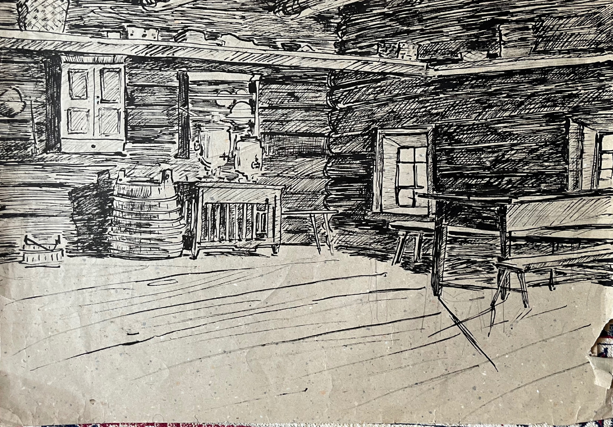 Интерьер с предметами быта северной деревни. Художник Иванова Г.И.