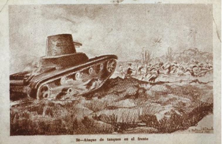 Боливийский Vickers Mk.E прорывает парагвайскую оборону. Боливийская же пропагандистская картинка, на которой, разумеется, не показано, как он был остановлен и захвачен простыми солдатами-индейцами армии Парагвая.