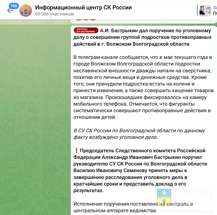Скриншот с ТГК Информационного центра Следственного комитета России📷    В Волжском банда подростков неславянской внешности издевалась над детьми
