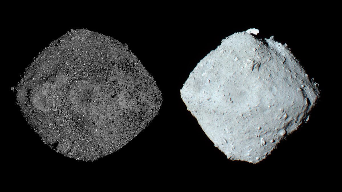     Фото: Wikipedia.org Астероид Бенну (справа) и астероид Рюгу (слева)
