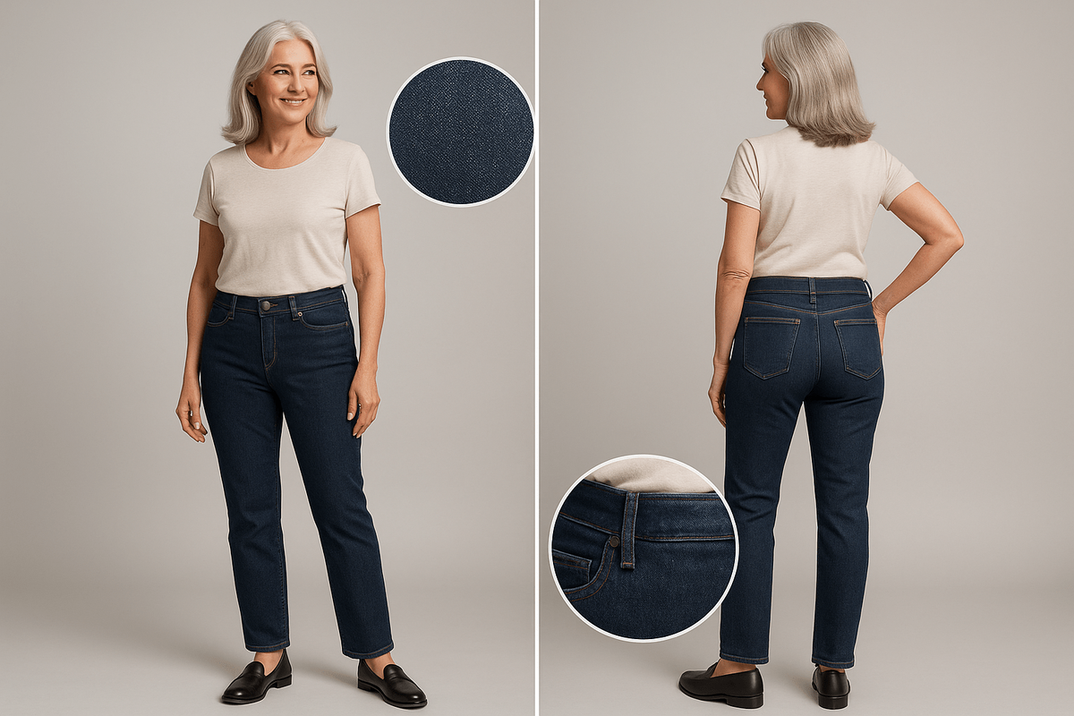 Средняя посадка без перетяжек, тёмный ровный деним формирует чистую вертикаль.