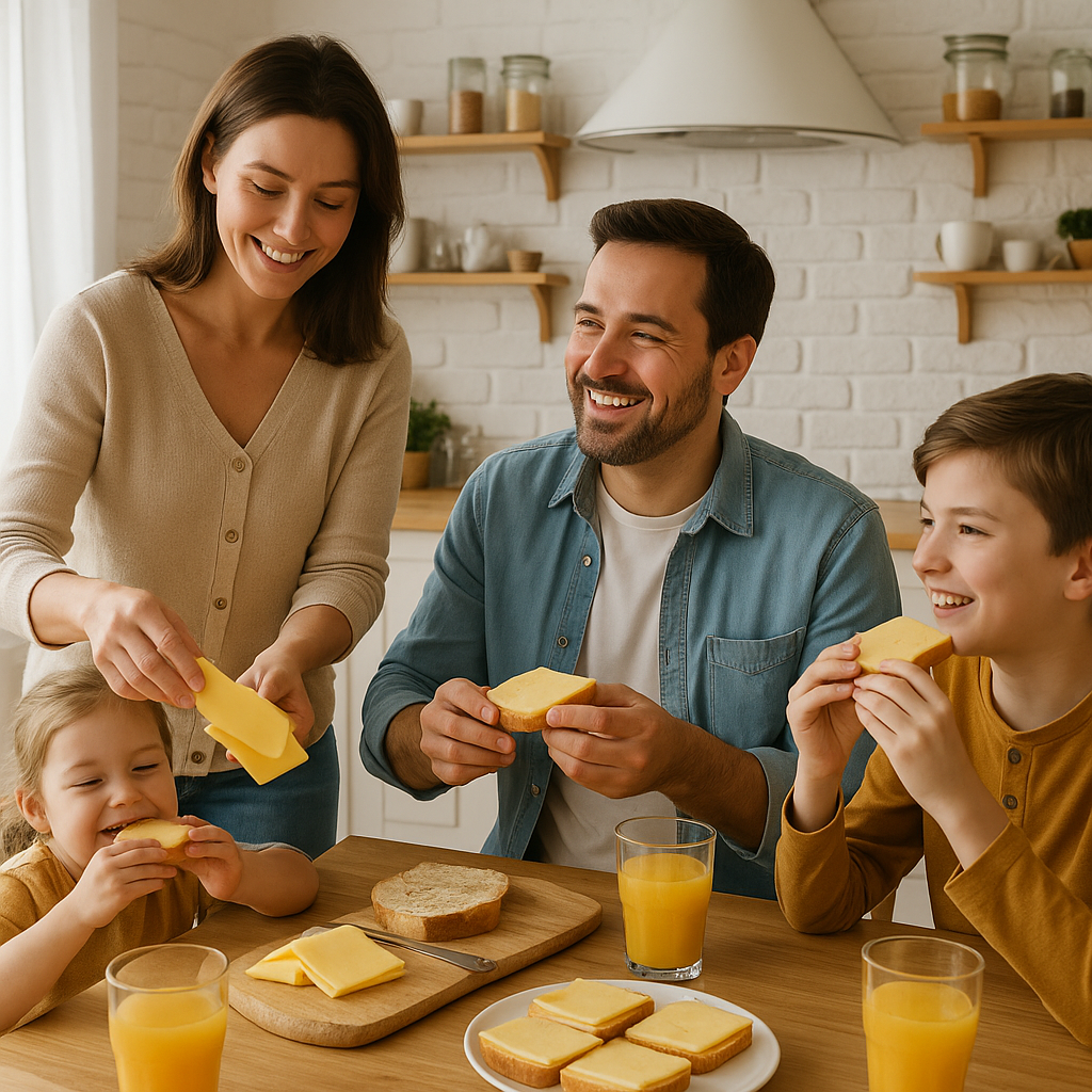 на завтрак мама делает всем бутерброды с сыром, а семья кушает бутерброды, все довольны