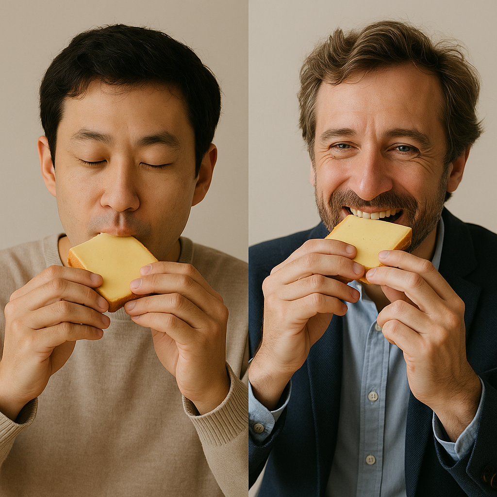 японца и француза, которые едят бутерброды с сыром