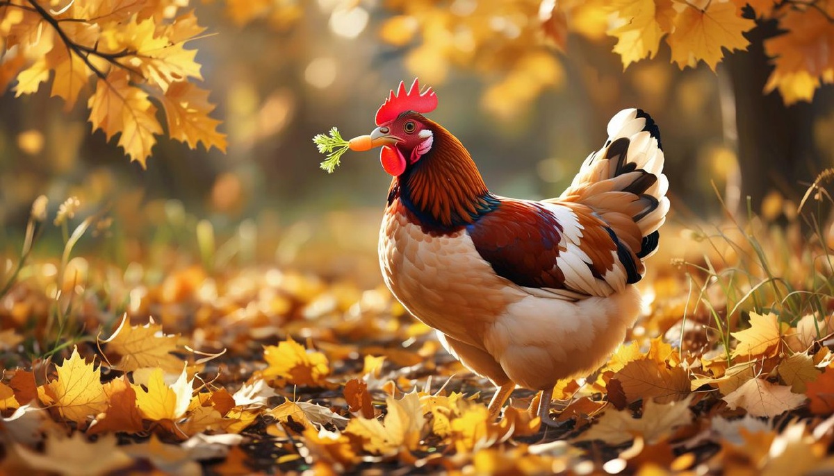  Пеструшка с морковкой в клюве на фоне осеннего огорода, окружённая золотыми листьями! 🍂 Снимок прямо просится в нашу рубрику!