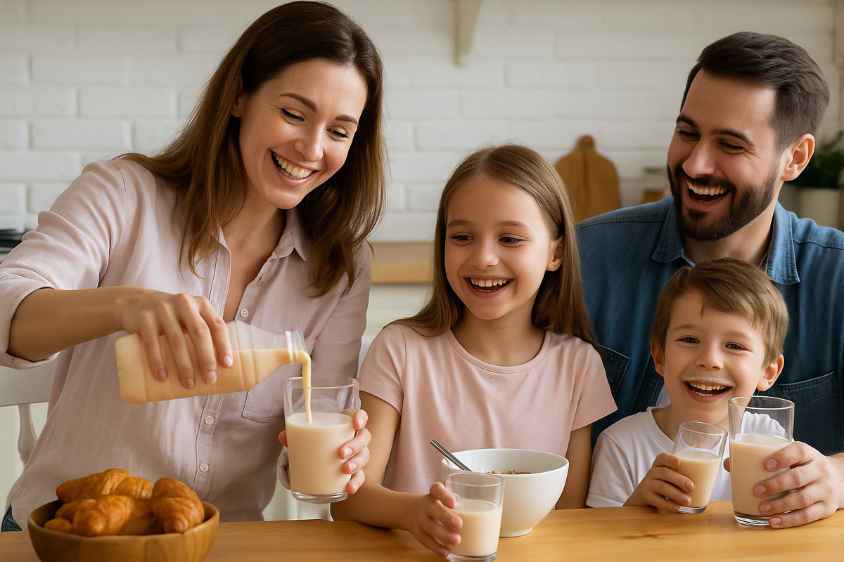 Семья за завтраком: мама наливает ряженку, ребёнок с усами из напитка смеётся, все в хорошем настроении