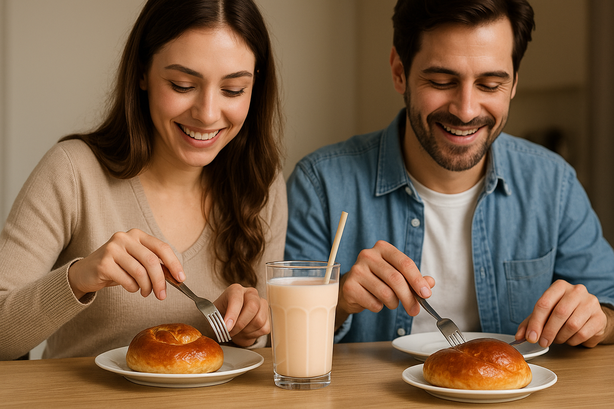 девушка и ее муж кушают за красивым столом Стакан ряженки с трубочкой и много сладкая булочка рядом