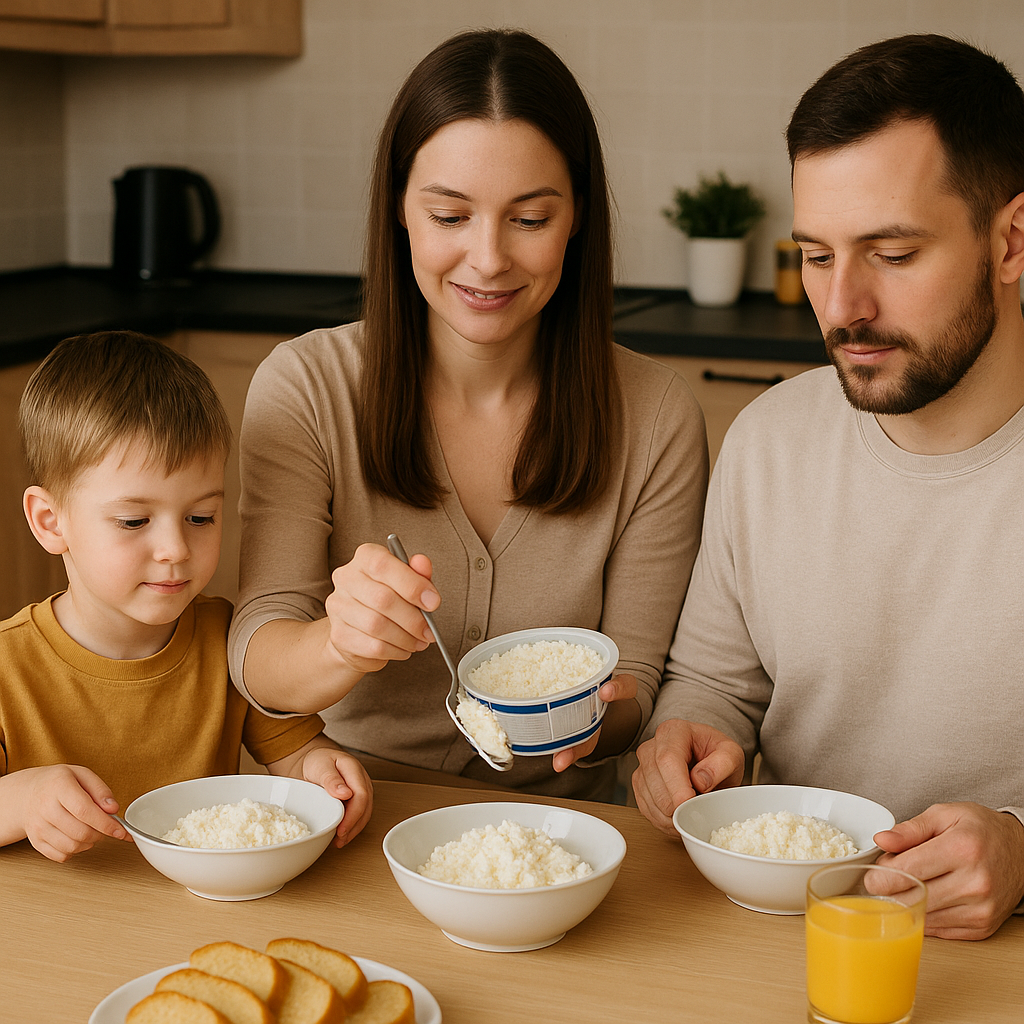 на завтрак мама накладывает твороженную массы мужу, себе и ребенку