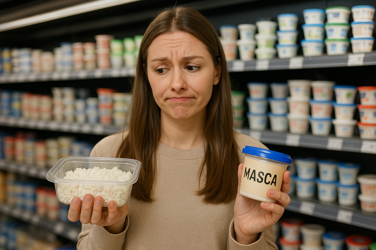 девушка стоит в магазине и задк=умалась что брать творог или твороженную массу