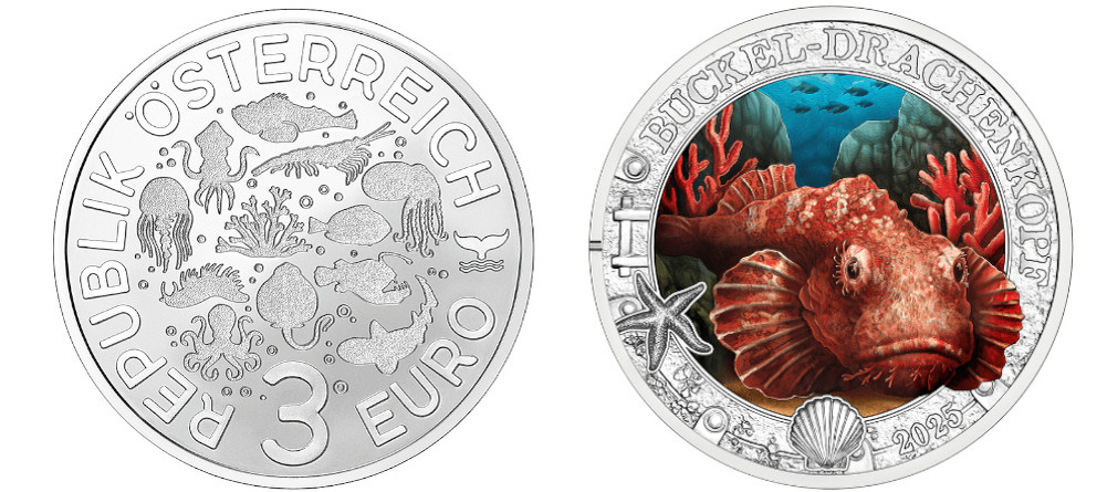    Австрия 3 евро 2025 Морской скорпион светящаяся монета UV-эффект - Мешок Монет