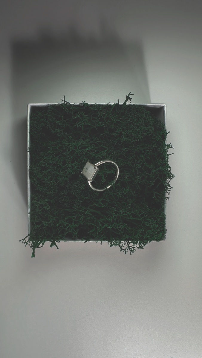 Кольцо из серебра с крупным лунным камнем, заключенным в ажурную оправу с зеленым мхом. Нежное сияние камня символизирует связь с лунной энергией, интуицией и новыми целями