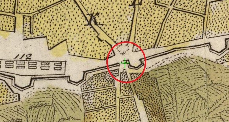 Серпуховские ворота на Мичуринском плане Москвы, 1739 год. Левее — Житный двор