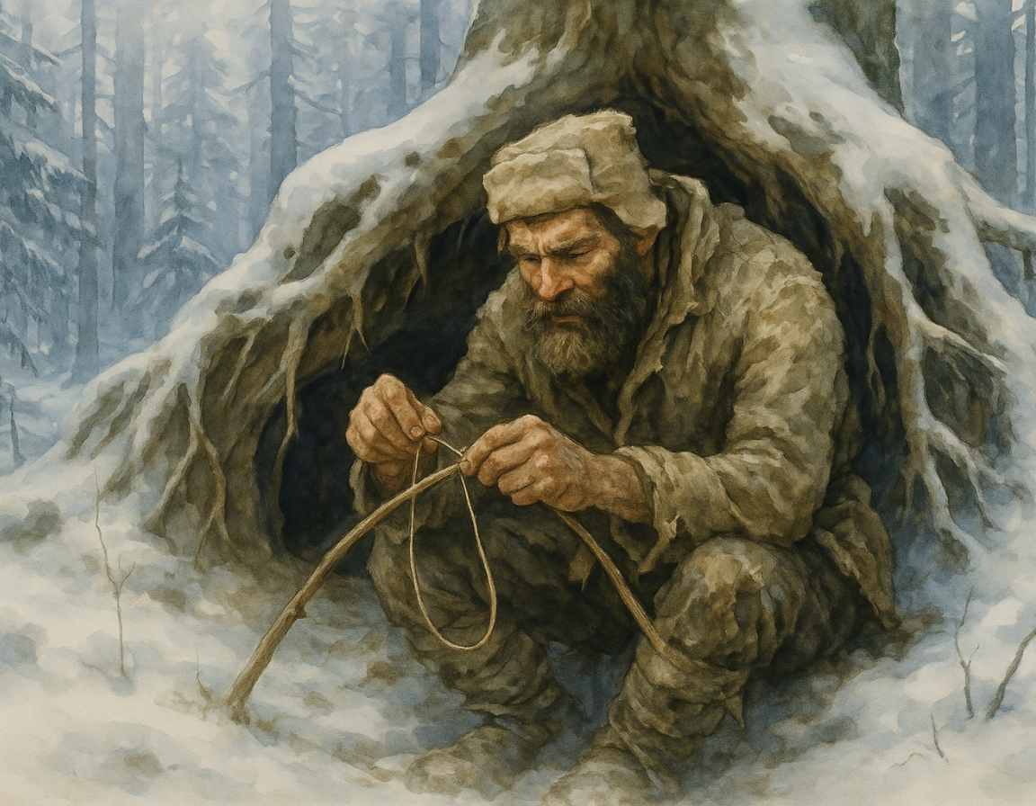 Изможденный, но не сломленный сапер Дмитрий Яблочкин мастерит ловушку в зимнем лесу, продолжая свою отчаянную борьбу за жизнь. ©Язар Бай