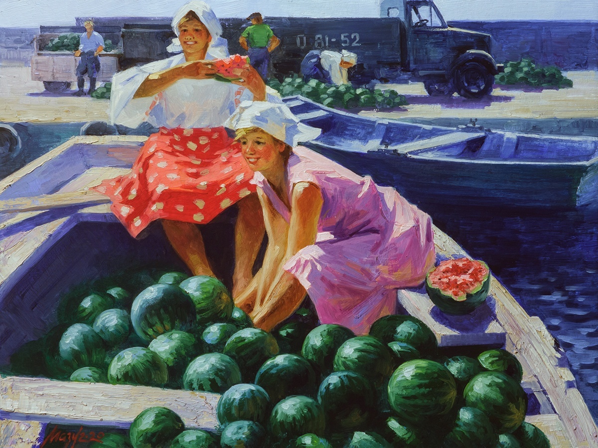 «Арбузы»   Картон, масло. 30×40см. 2020г.  Почти копия. Автор оригинала Ломыкин Константин Матвеевич (1924-1993)   /  АВТОР КОПИИ - ХУДОЖНИК  НИК МАЗУР
