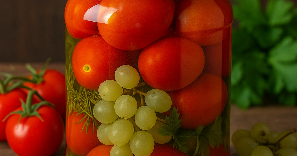 Помидоры с виноградом в банке — без уксуса и стерилизации, сладкие и сочные как свежие!