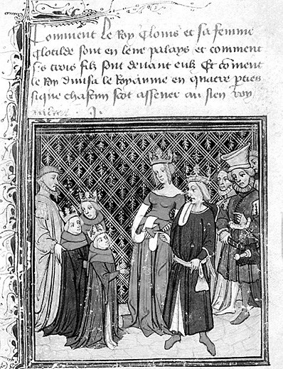 Король Хлодвиг и его семья. Миниатюра Хроники Сен-Дени. XIV в.