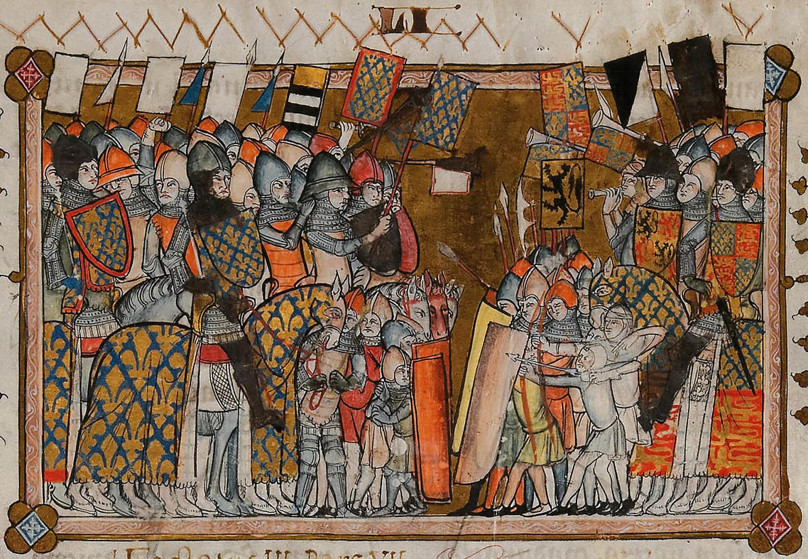Битва при Креси. Миниатюра рукописи хроники Жиля Ле Мюизи из публичной библиотеки Куртре, сер. XIV в