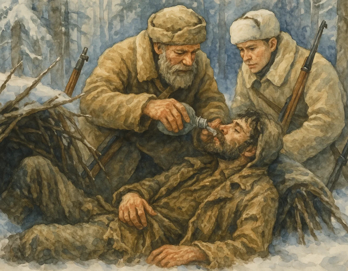 Советские партизаны находят в зимнем лесу обессиленного, но живого сапера Дмитрия Яблочкина. ©Язар Бай