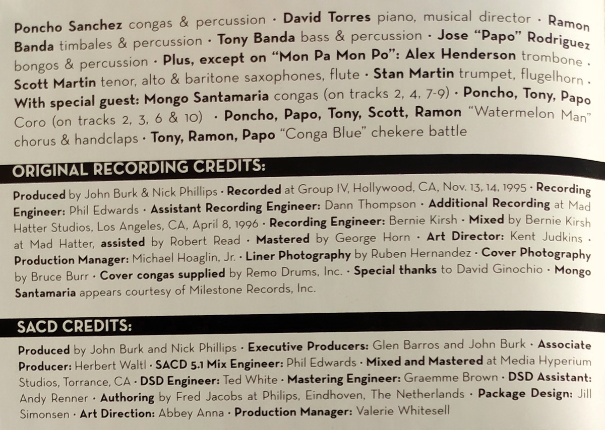 Poncho Sanchez "Conga Blue" SACD 5.1 - кредиты к диску и исполнительский состав 