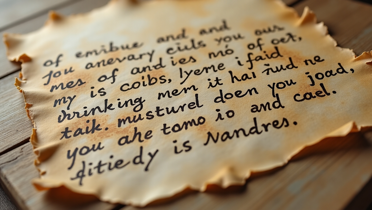 Крупный план палимпсеста с видимыми двумя слоями текста — темные буквы поверх едва различимых светлых символов. Загадочность многослойной истории.