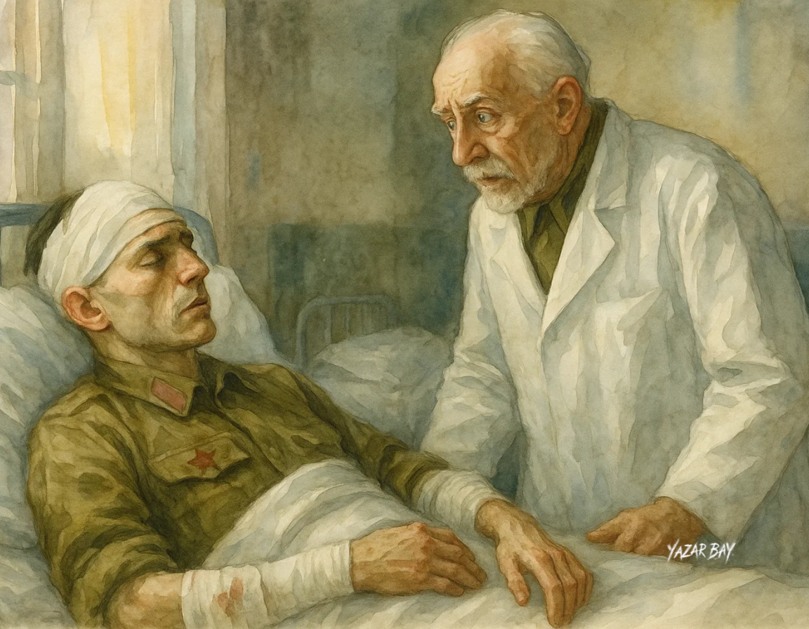 Военный хирург в госпитале с изумлением осматривает раны выжившего сапера Дмитрия Яблочкина.  ©Язар Бай