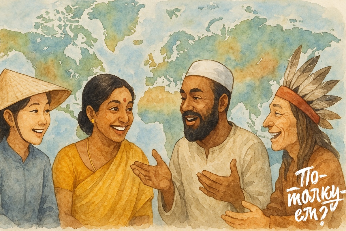 Люди разных народов разговаривают на фоне карты мира.