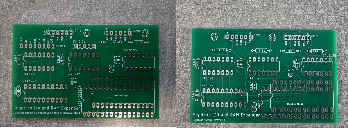 Два варианта упрощенной платы расширения памяти Gigotron TTL (сдева обновленная, справа оригинальная).