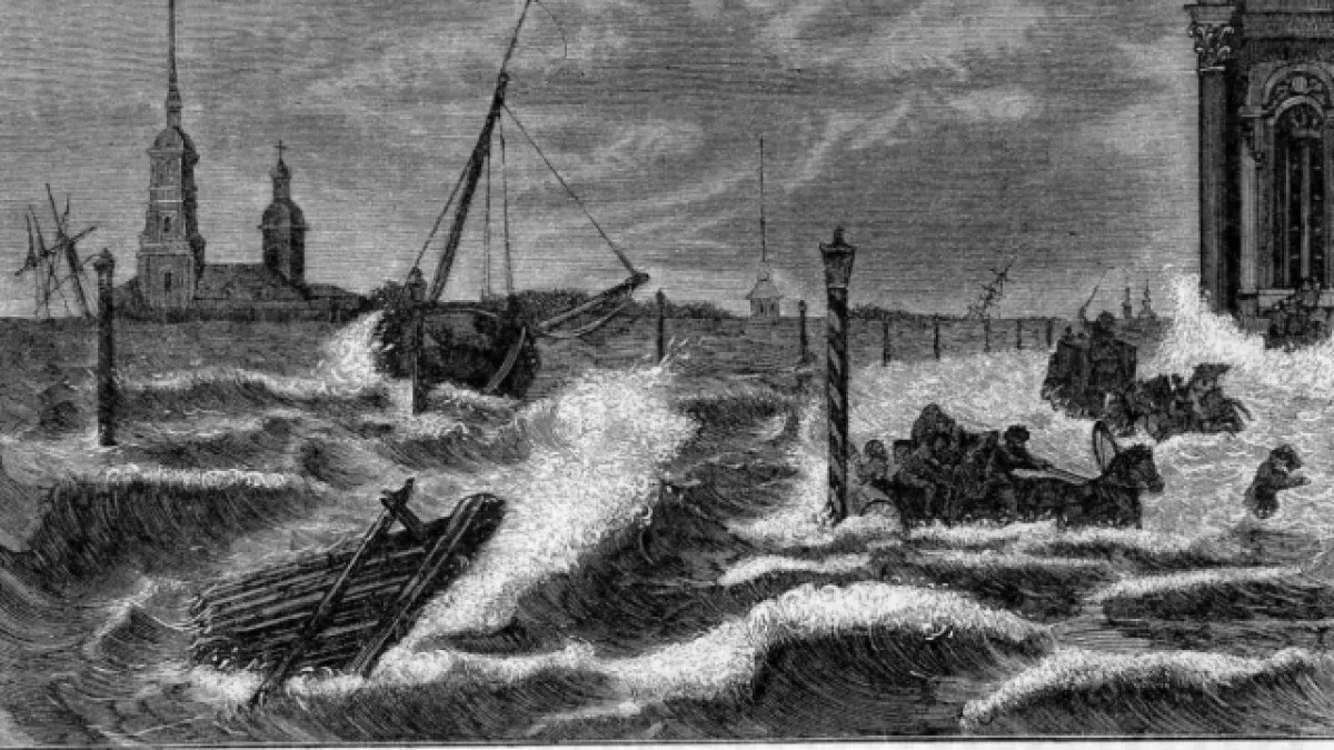 На изображении показано наводнение в Петербурге: вода покрывает улицы, ломает лодки и смывает повозки с людьми. На фоне видны Петропавловская крепость и угол Зимнего дворца. Иллюстрация отражает