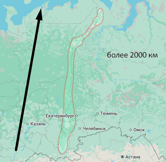 Уральские горы не очень высокие. Самая высокая точка — гора Народная — поднимается всего на 1895 метров. Это примерно в 2,5 раза ниже Эльбруса. Зато они очень длинные — протянулись более чем на 2000 км, от холодного Северного Ледовитого океана до жарких казахстанских степей.