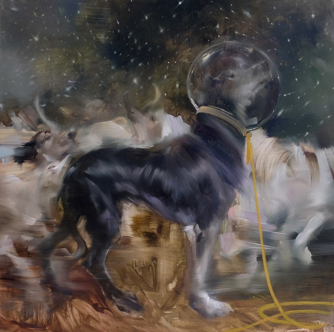 © Сара МакРэй Мортон (Sarah McRae Morton). Лайка среди звезд. Холст, масло. 18 x 18дм. 2019.