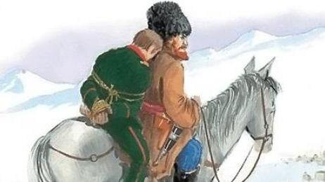 Иллюстрация к «Кавказскому пленнику»: Иван Жилин везут на лошади, руки связаны