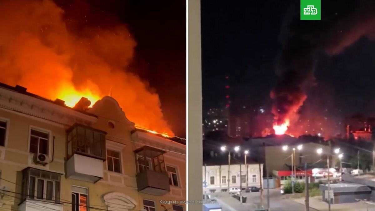    В    Ростове-на-Дону    после атаки дрона произошли взрыв и пожар в многоэтажном доме