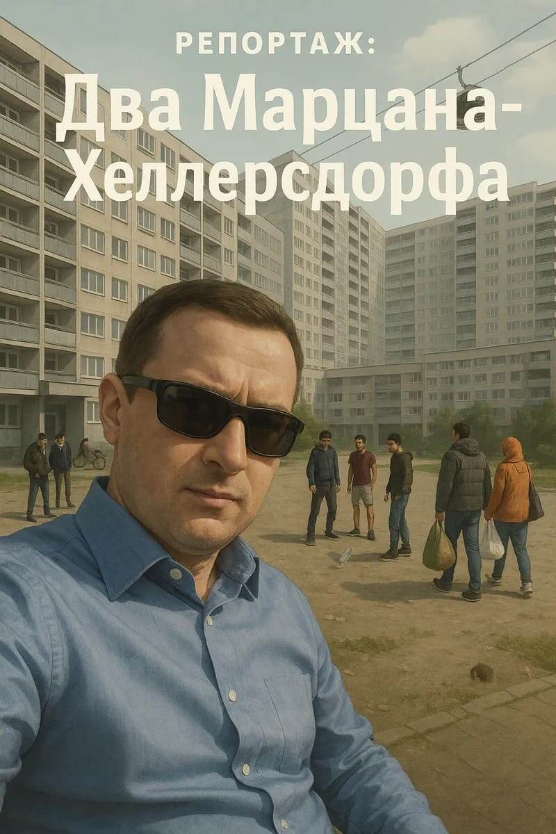 Панельные дома в районе Марцан-Хеллерсдорф, серые подъезды, дворы с подростками, молодые мигранты играют с бутылкой, рядом семейные переселенцы с продуктами, контраст двух миров в одном районе, мягкий дневной свет, реалистичный стиль.