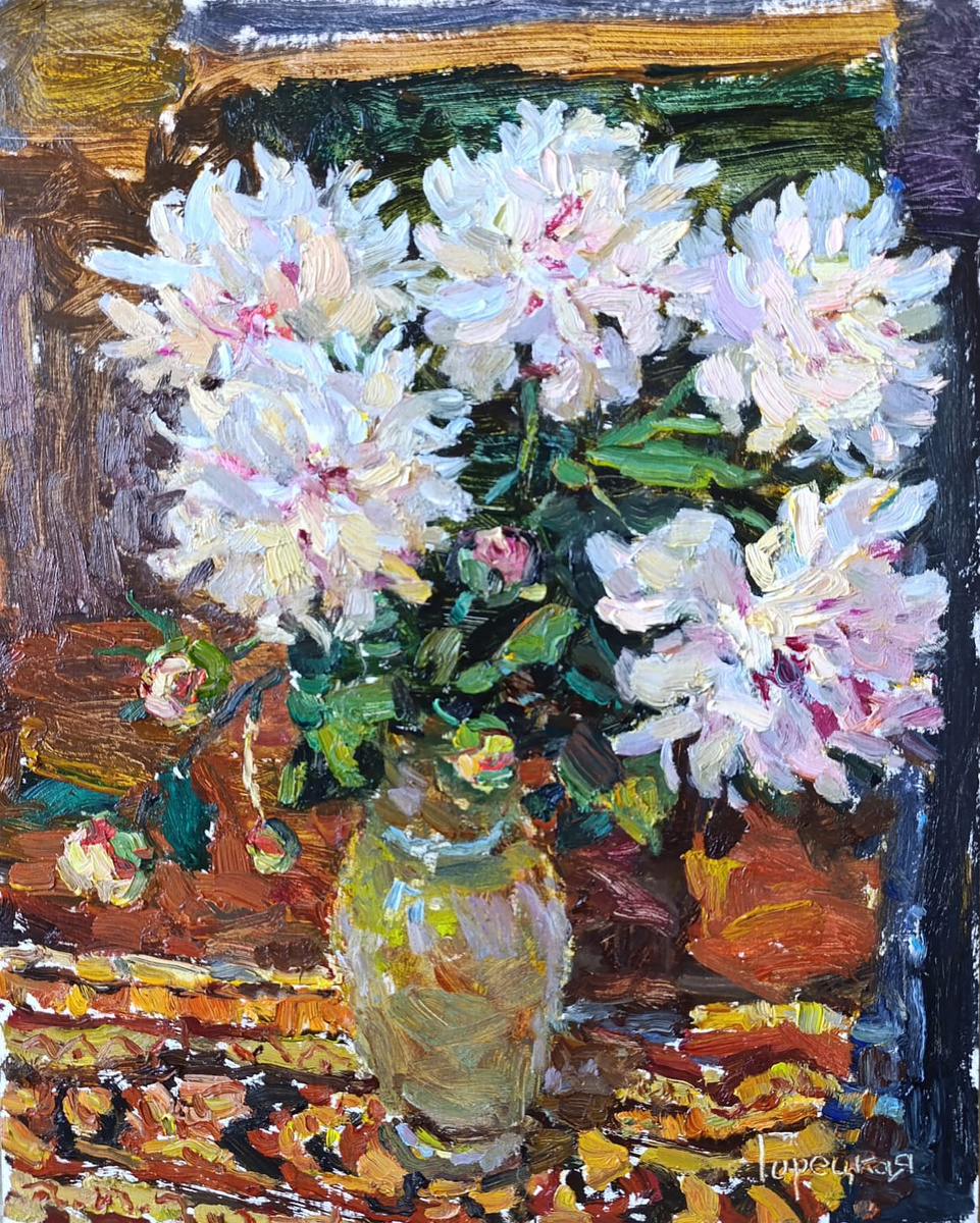 Полина Горецкая «Белые пионы» 2025 картон, масло 50х40