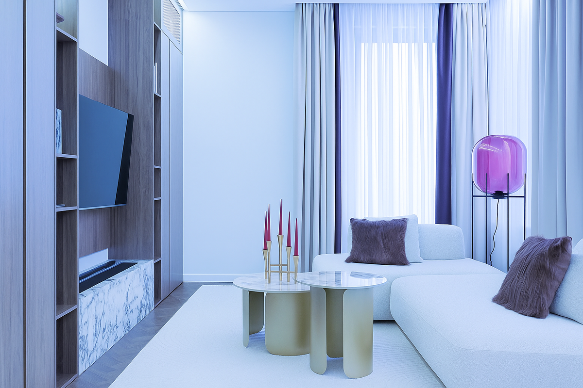 А так бы выглядела гостиная в ЖК Форивер, еслт бы мы установили холодне освещение 6000 К. В ней вряд ли захочется расслабиться с книгой и чашкой чая.