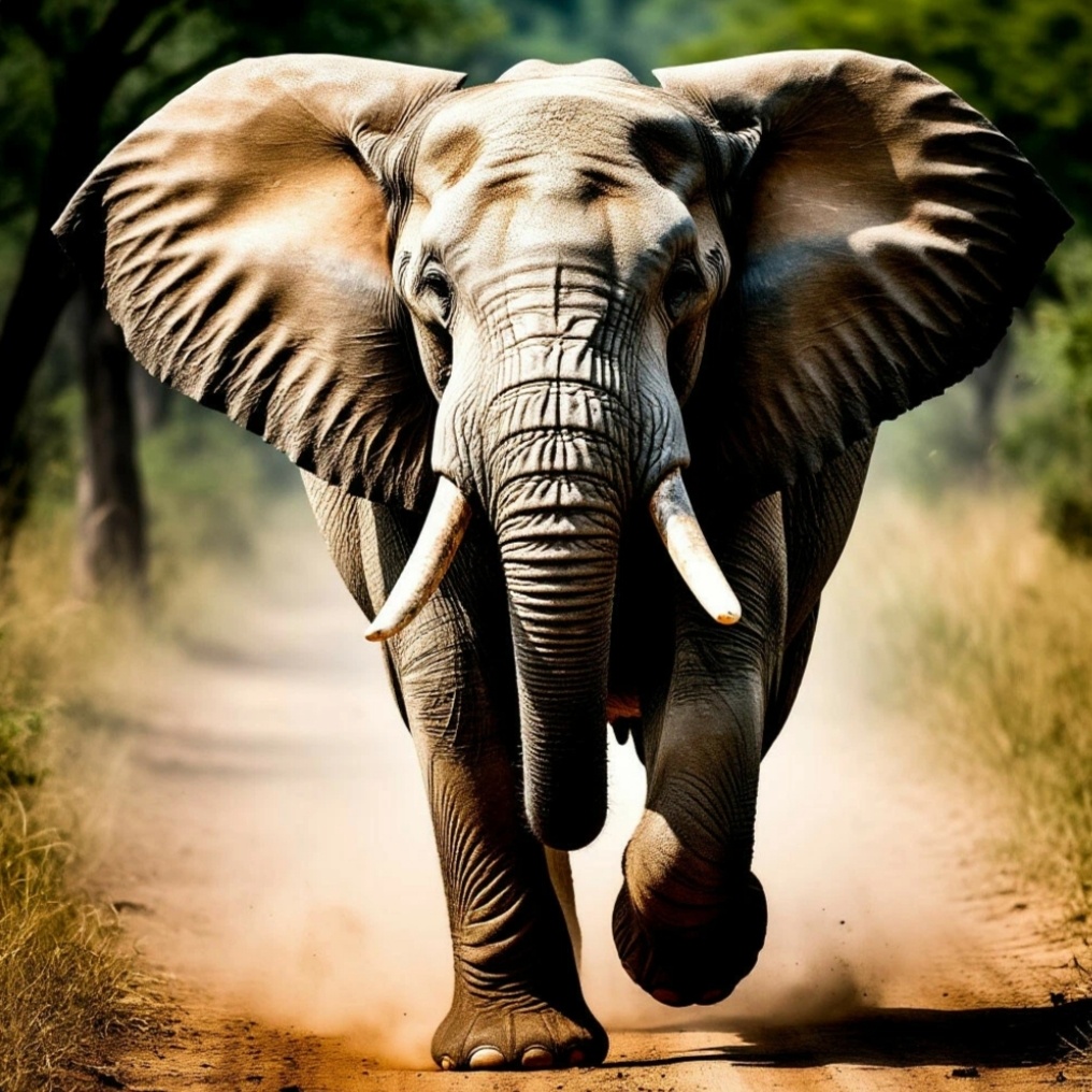 Разъяренный слон, бегущий на фотографа. 