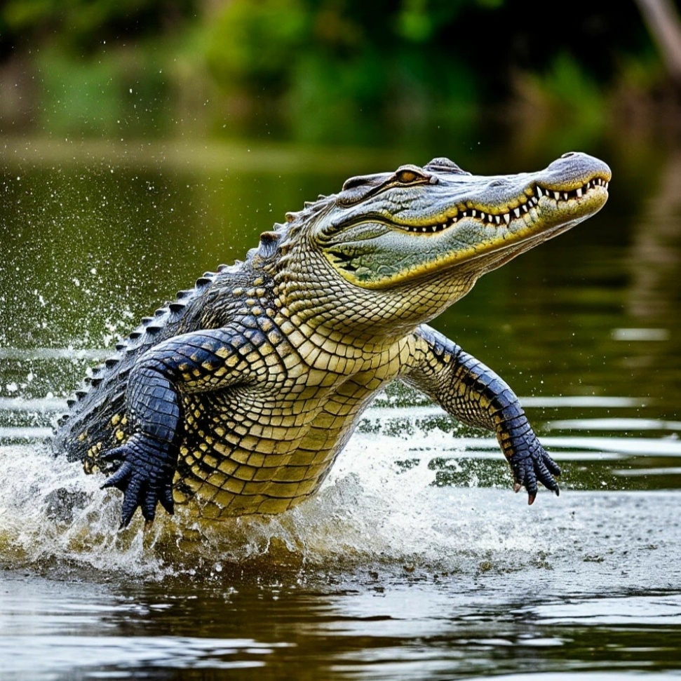 Крокодил, стремительно выпрыгивающий из воды за добычей.