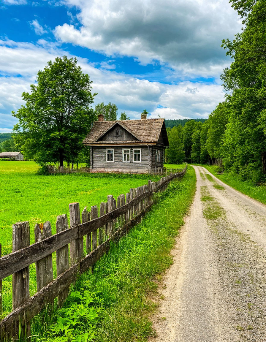 Одинокая избушка на краю деревниКартинка создана нейросетью по запросу автора