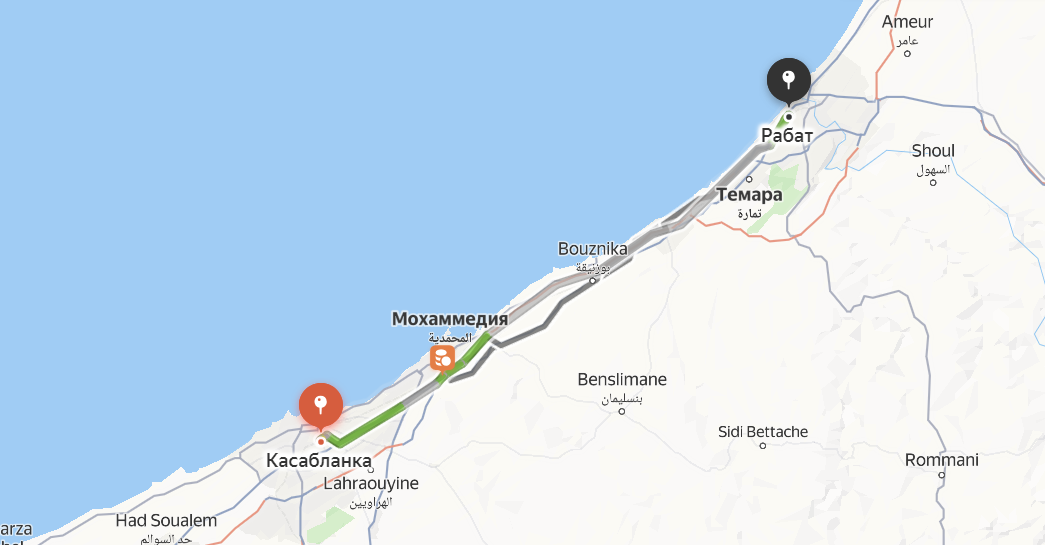Наш маршрут из Касабланки в Рабат и обратно. Источник: Яндекс-карты. 