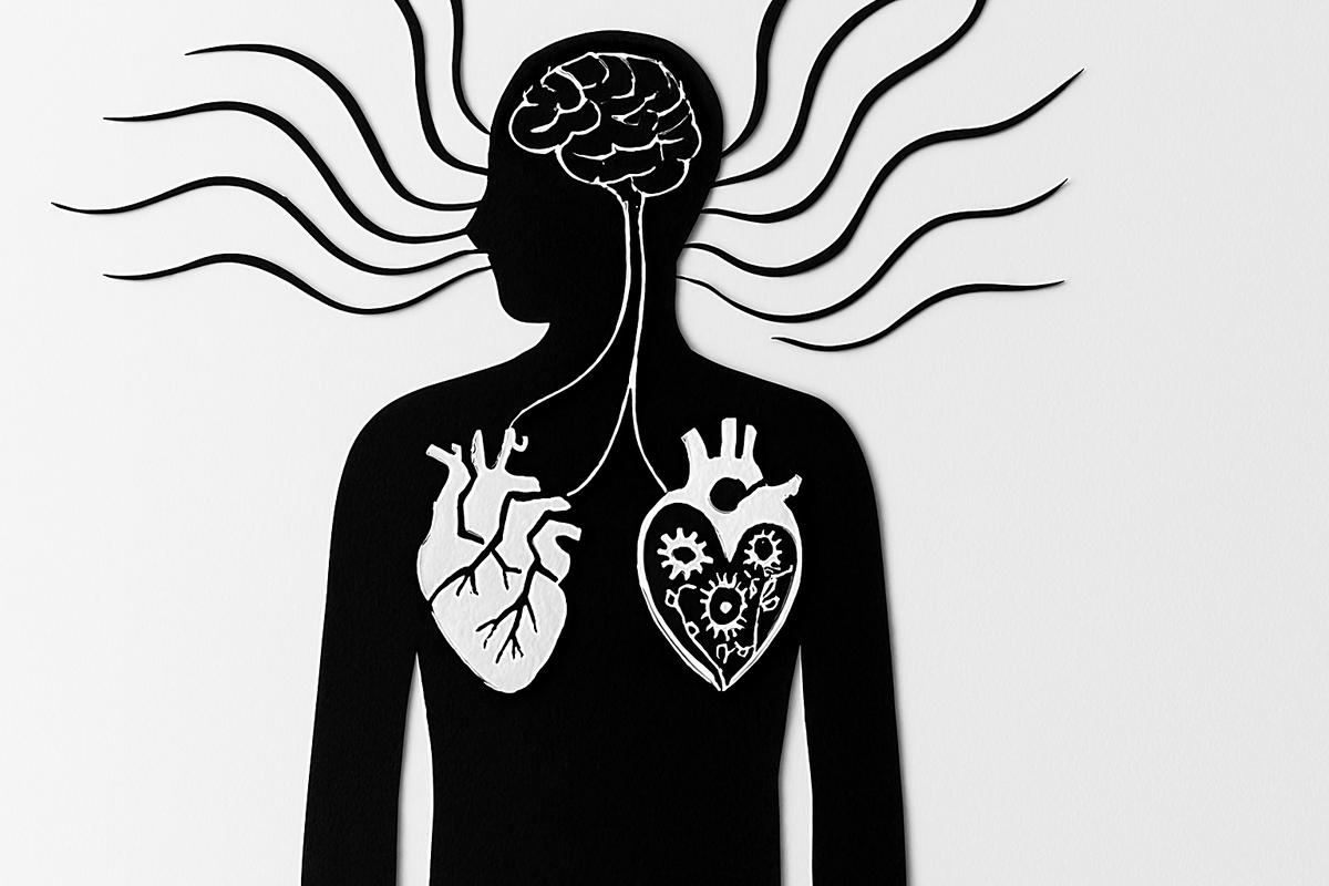 Силуэт человека с двумя сердцами — анатомическим и стилизованным — соединёнными с мозгом потоками энергии.