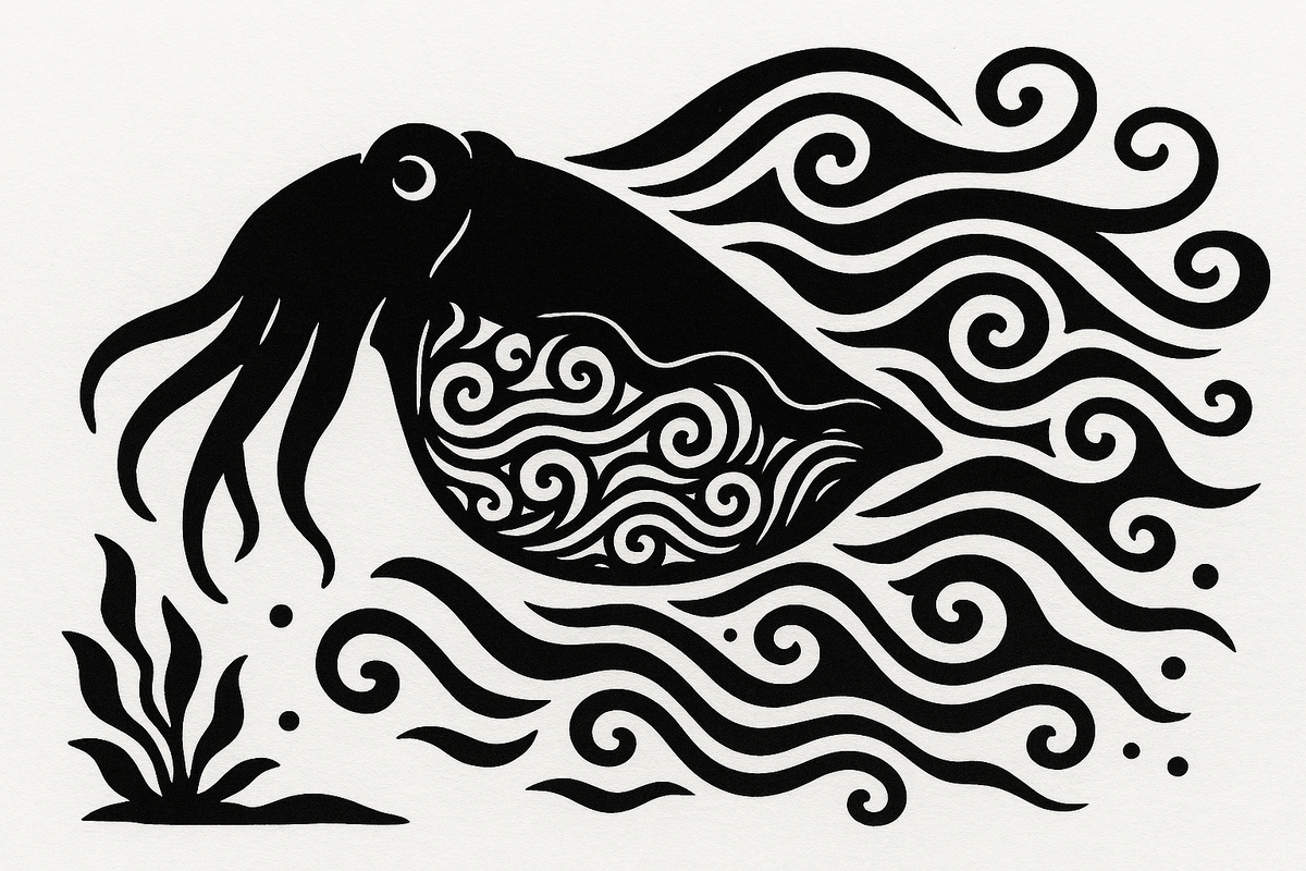 Каракатица — в центре композиции, с выразительными щупальцами и анатомией, а на её брюхе — абстрактные волны и завитки, словно северное сияние, вырезанное светом.