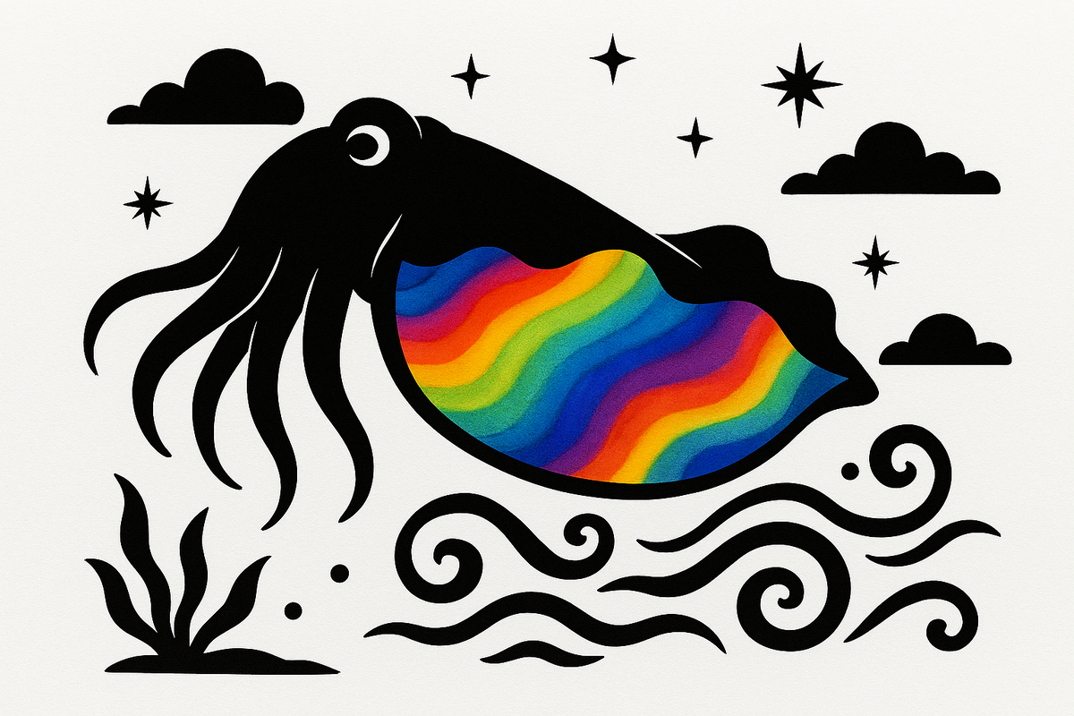 выразительная каракатица, словно художник, рисующая северное сияние прямо на своём брюхе. Внутри её тела — волны света, переливающиеся всеми оттенками радуги. Вокруг — звёзды и облака, создающие атмосферу ночного неба.