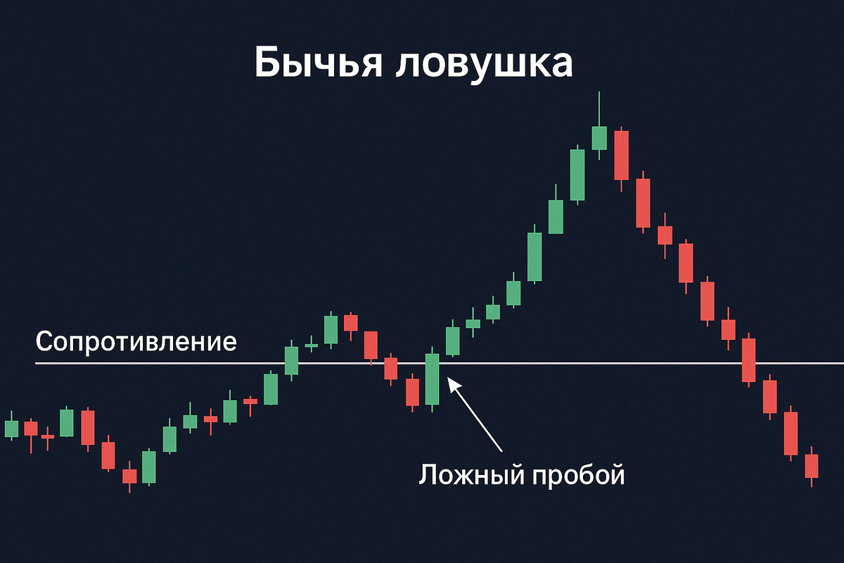 Бычья ловушка — ложный пробой линии сопротивления. Источник: нейросеть📷
