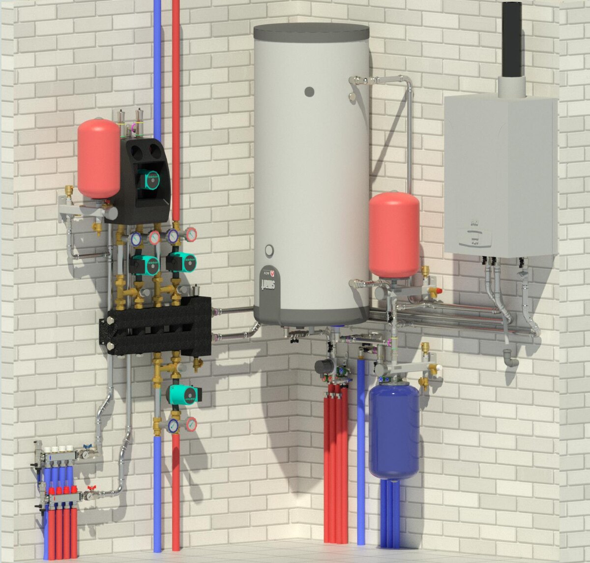 Котел, настенный бойлер, балансировочный коллектор с насосными группами, группа с теплообменником для подогрева дорожек