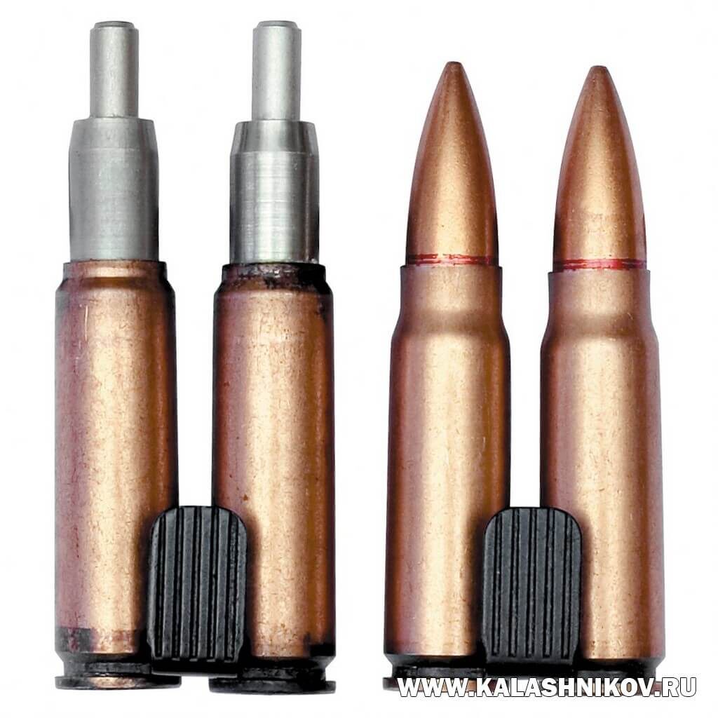 7,62-мм патрон СП-3 внешне похож на автоматный патрон 7,62х39. При воспламенении порохового заряда, перемещающийся по длине гильзы поршень выталкивает пулю. Поршень состоит из двух деталей – собственно поршня и телескопически выдвигаемого штока. Фото Михаила Дегтярёва
