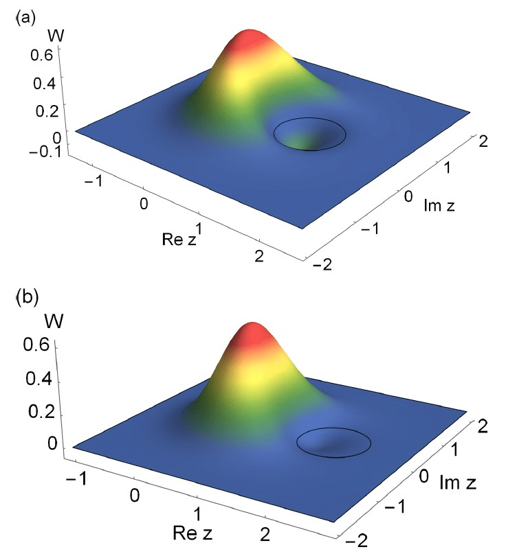    Функция Вигнера для светового поля, которое находится в состоянии «кота Шредингера». На панелях (a) и (b) показано состояние при разных значениях параметров. Обведена область отрицательных значений функции Вигнера, наличие которой как раз и является критерием классичности состояния (это визуальное подтверждение квантовой суперпозиции и интерференции). На панели (a) состояние с более выраженной “неклассичностью”, а на панели (b) квантовость менее выражена, зато получено больше фотонов в этом состоянии / © Evgeny S. Andrianov and Oleg I. Tolstikhin, Physical Review A